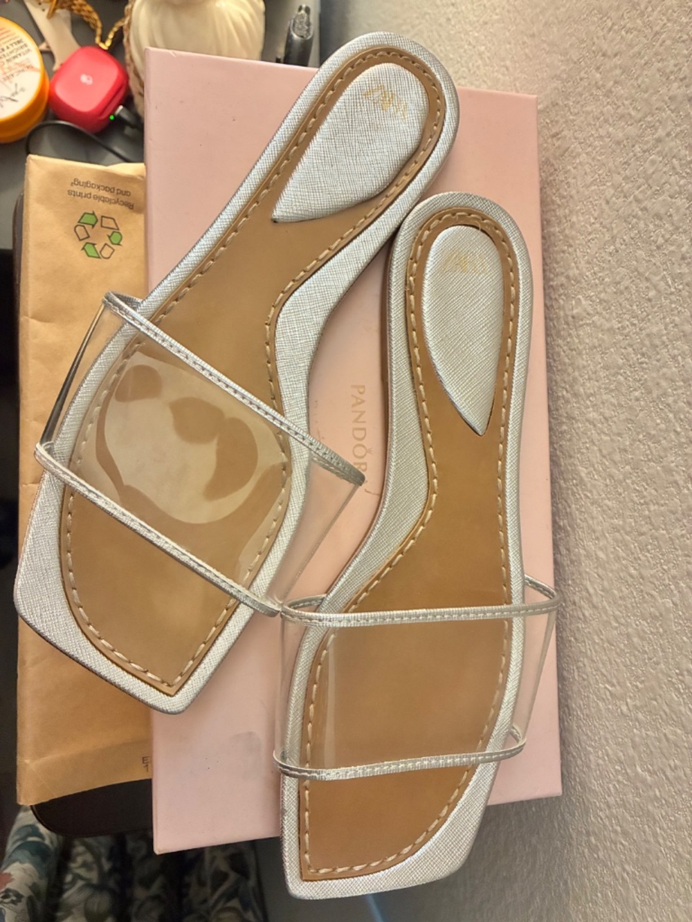 Zara Vinyl Flat Slide Sandals - Silver/Tan Clear Square Toe Mules Size 39 - Picture 2 of 6